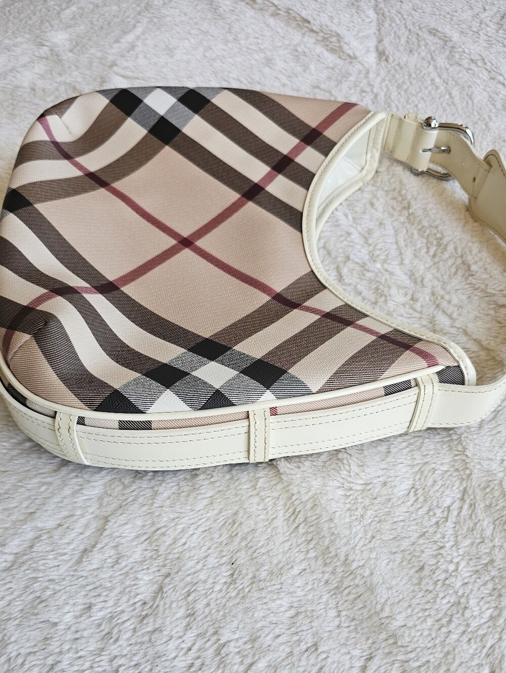 BURBERRY Vintage House Check White Leather Hobo Shoulder Bag with Dust Bag - Picture 11 of 15